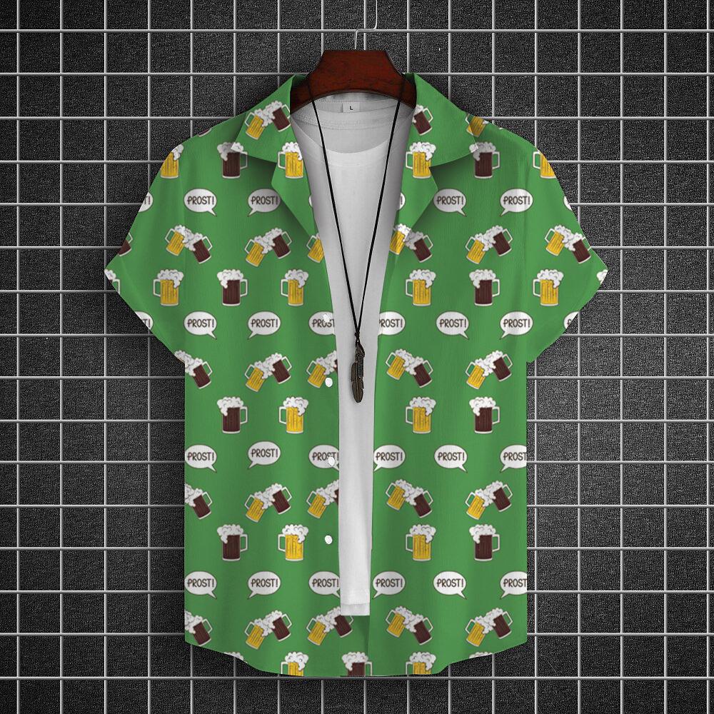 Мужская гавайская рубашка с 3D-принтом, усиленный пивной узор, модная пуговица, короткий рукав, воротник, уличная одежда, гавайская рубашка для мужчин