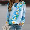 Fall Autumn Women'S Fashion O Neck Long Sleeve T-Shirt Loose Clothes Blue Chrysanthemum Butterfly Print T Shirt For Girls Street