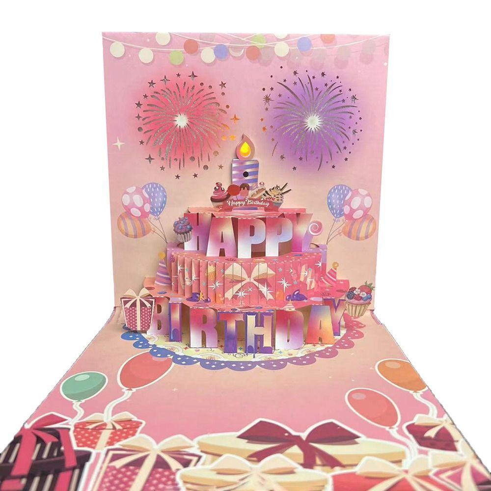 Musical and Light Happy Birthday Card Effect Blowable Led Candle 3D Popup Greeting Card Beautiful Hollowed