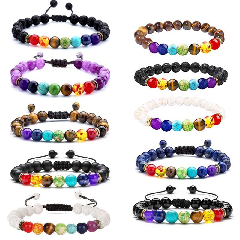 Natural Stone Beads Multicolor Bangle 7 Chakra Healing Balance Beads Bracelet for Women Reiki Prayer Yoga Wristband