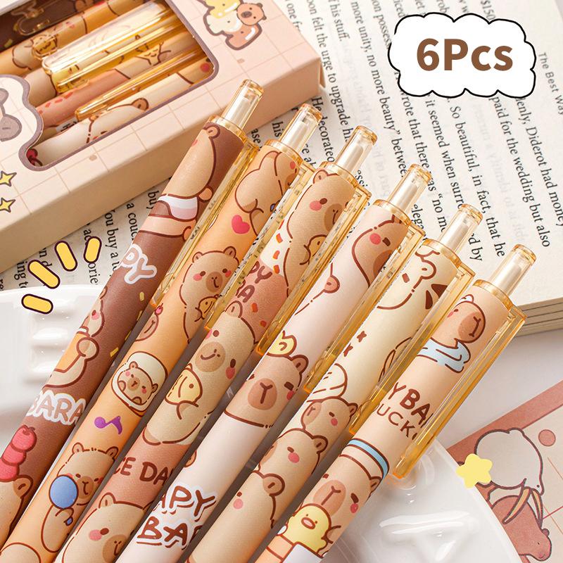 Набор из 6 ручек Kawaii Capybara Gel Pen, быстросохнущие черные и синие чернила, симпатичные гелевые ручки Press, эстетичные канцелярские принадлежности для школы и офиса