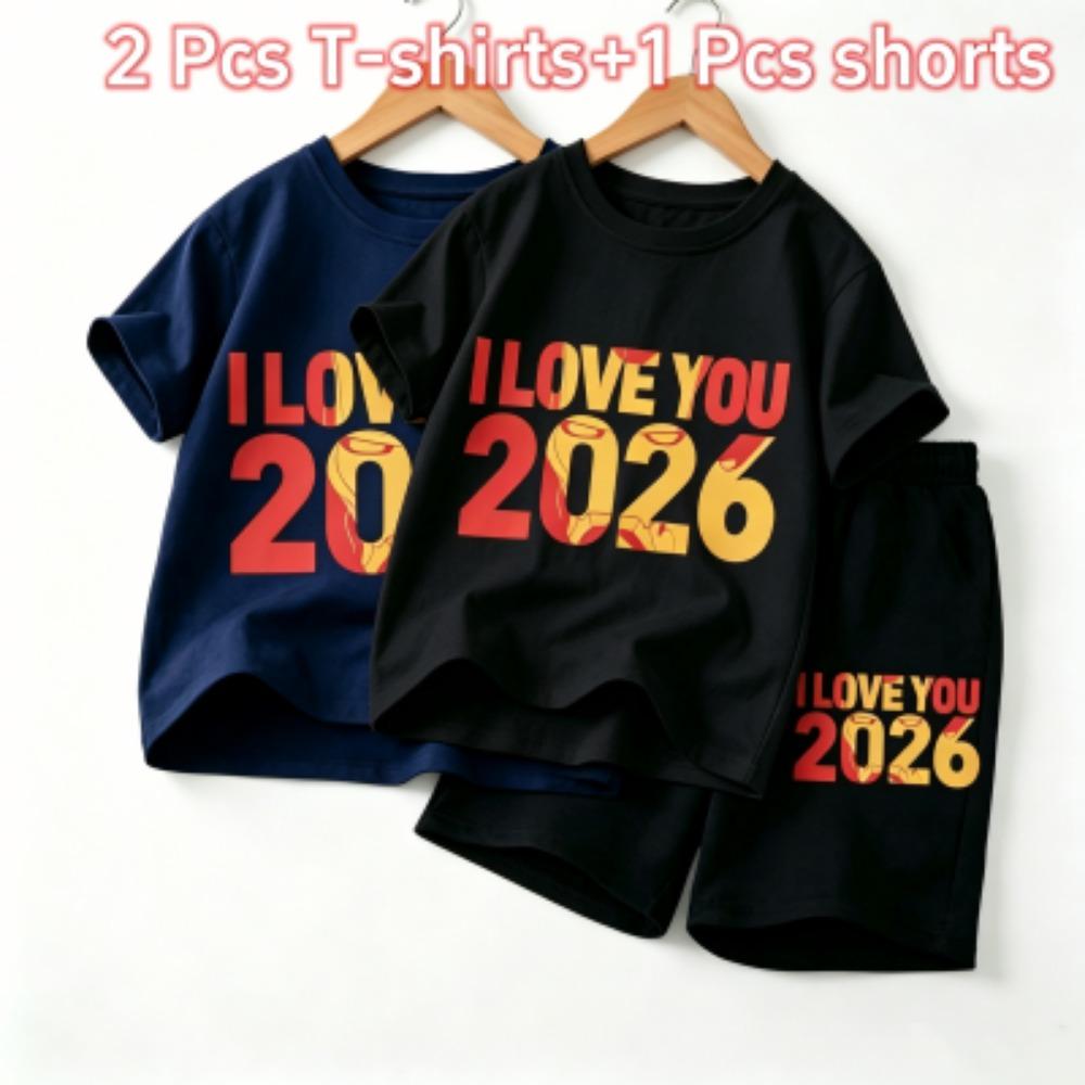 Fashion Letters I Love You 2026 Print Outdoor Street Kids T-shirt and Shorts Summer Home Casual Outfit Boy and Girl's Sports Set