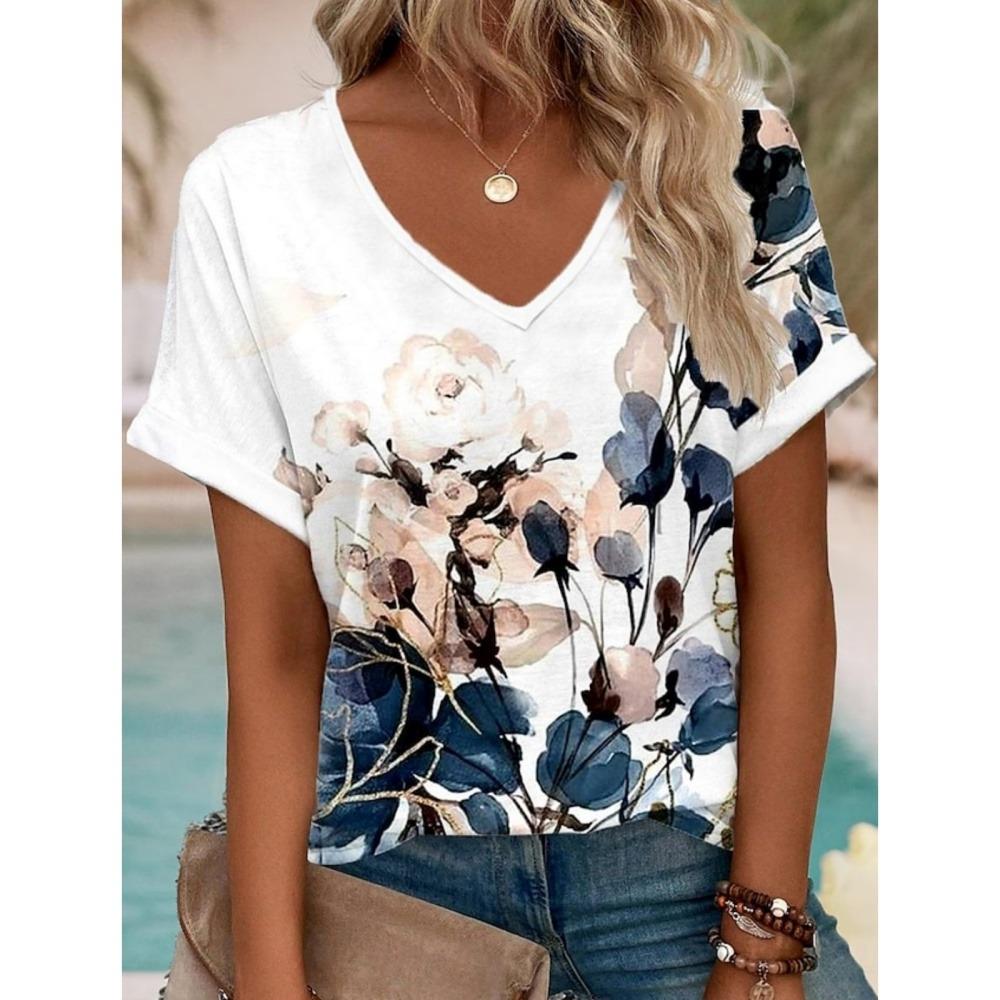 Summer Women Short Sleeve V-Neck Oversized T Shirt For Women Fashion Ladies T-Shirt 3d Flower Print Top Casual Clothes