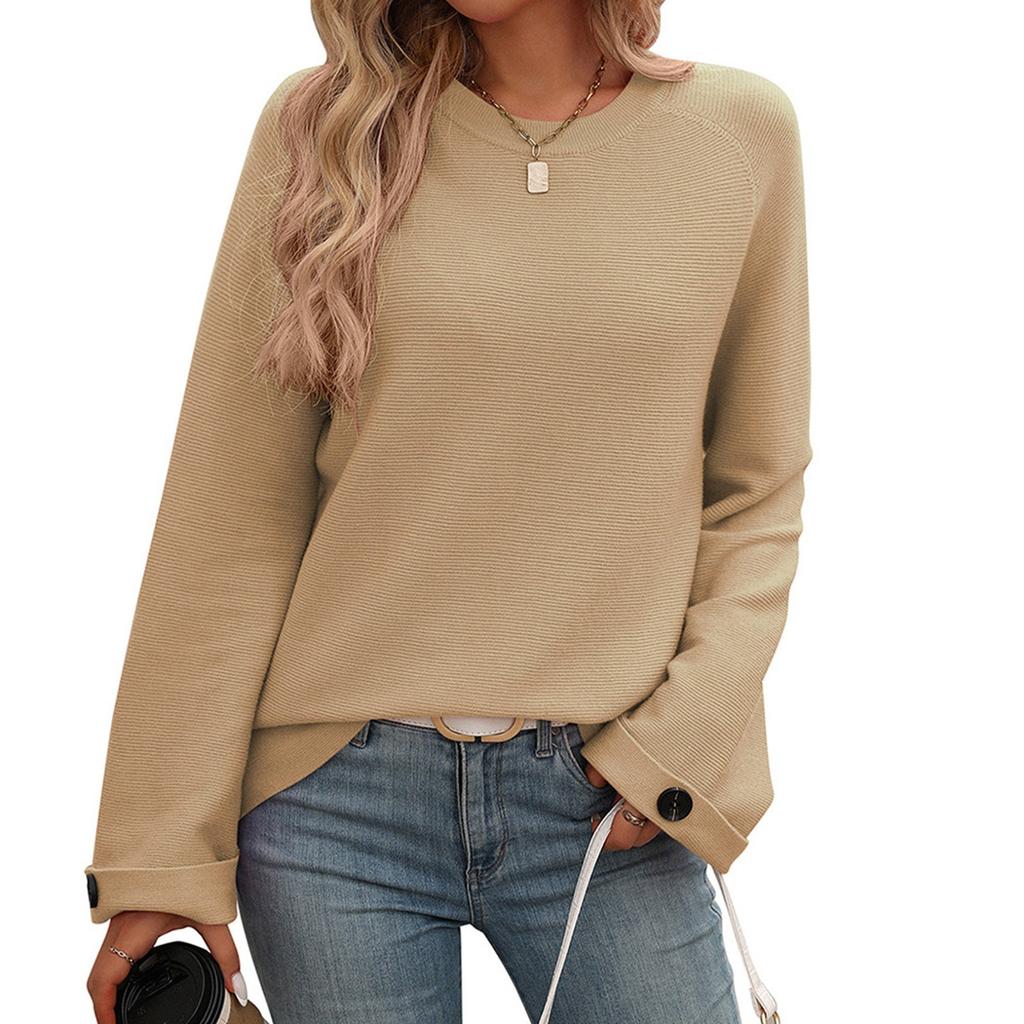 Женская мода однотонный круглый вырез с пуговицами длинный рукав свитер топ