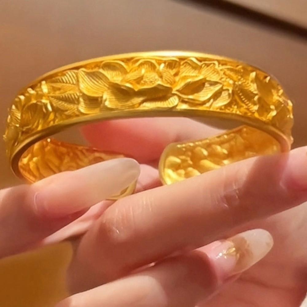 Peony Flower Chinese Style Bangle Opening Wrist Jewelry Exquisite Golden Bracelets Festival Gifts