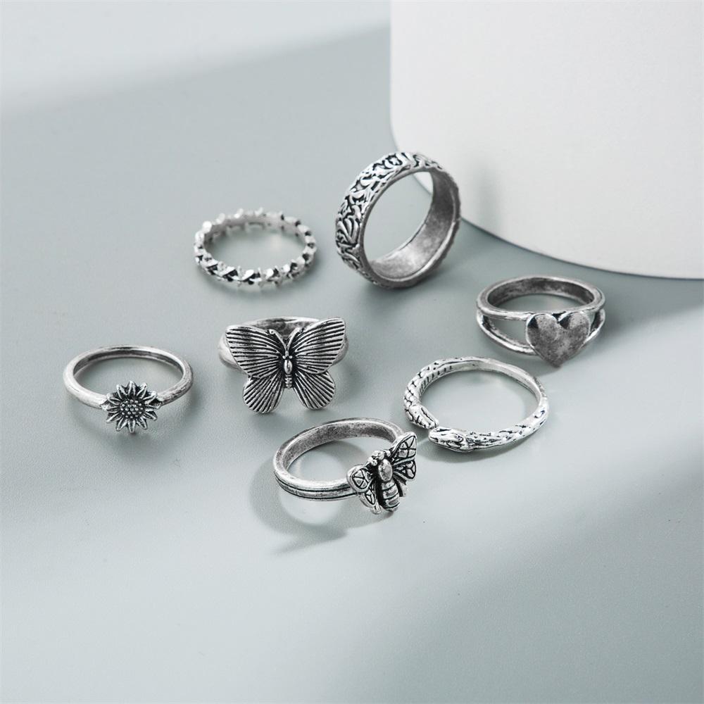 Кольцо-бабочка в стиле ретро, ​​комплект из 7 колец с цветком и звездой, простое кольцо, популярные женские украшения