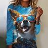Women's Cartoon Cute Puppy Animal Print Ultra-thin Breathable T-Shirt O-Neck Long-Sleeved Casual Home Pullover
