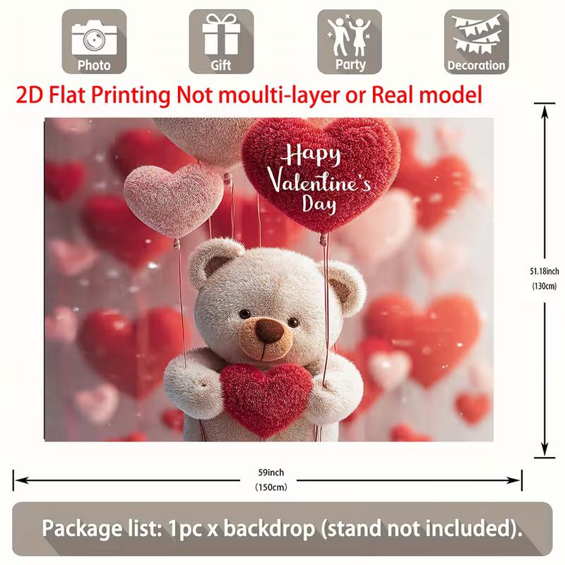 2D Cute Bear Valentine Backdrop, Heart Balloons & Teddy Bear Background Cloth