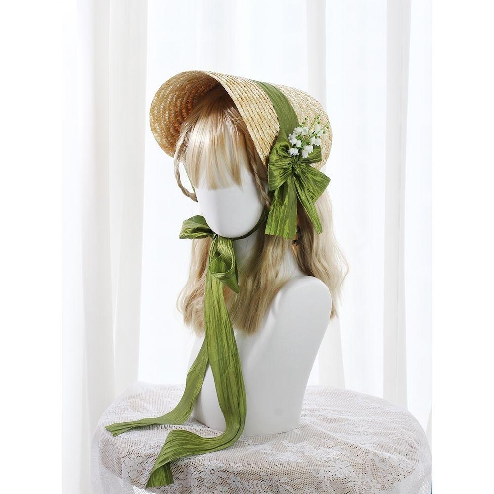 French Rural style Lolita Straw Hat Ribbon Bow Ruffle Lace Girl Sun Hat Handmade With Strap Ribbon Flower Flat Top Hat