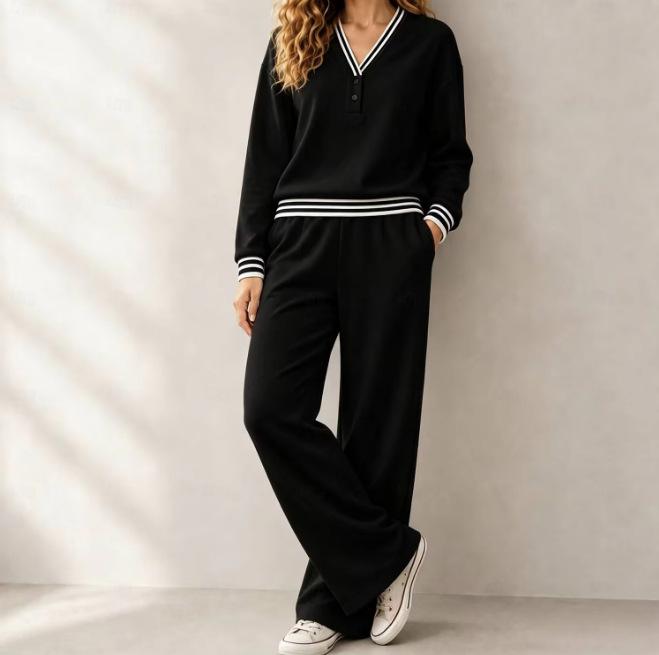 Women's V-Neck Striped Sweatshirt and Pants Set, Loose Casual Two-Piece Outfit for Everyday Wear