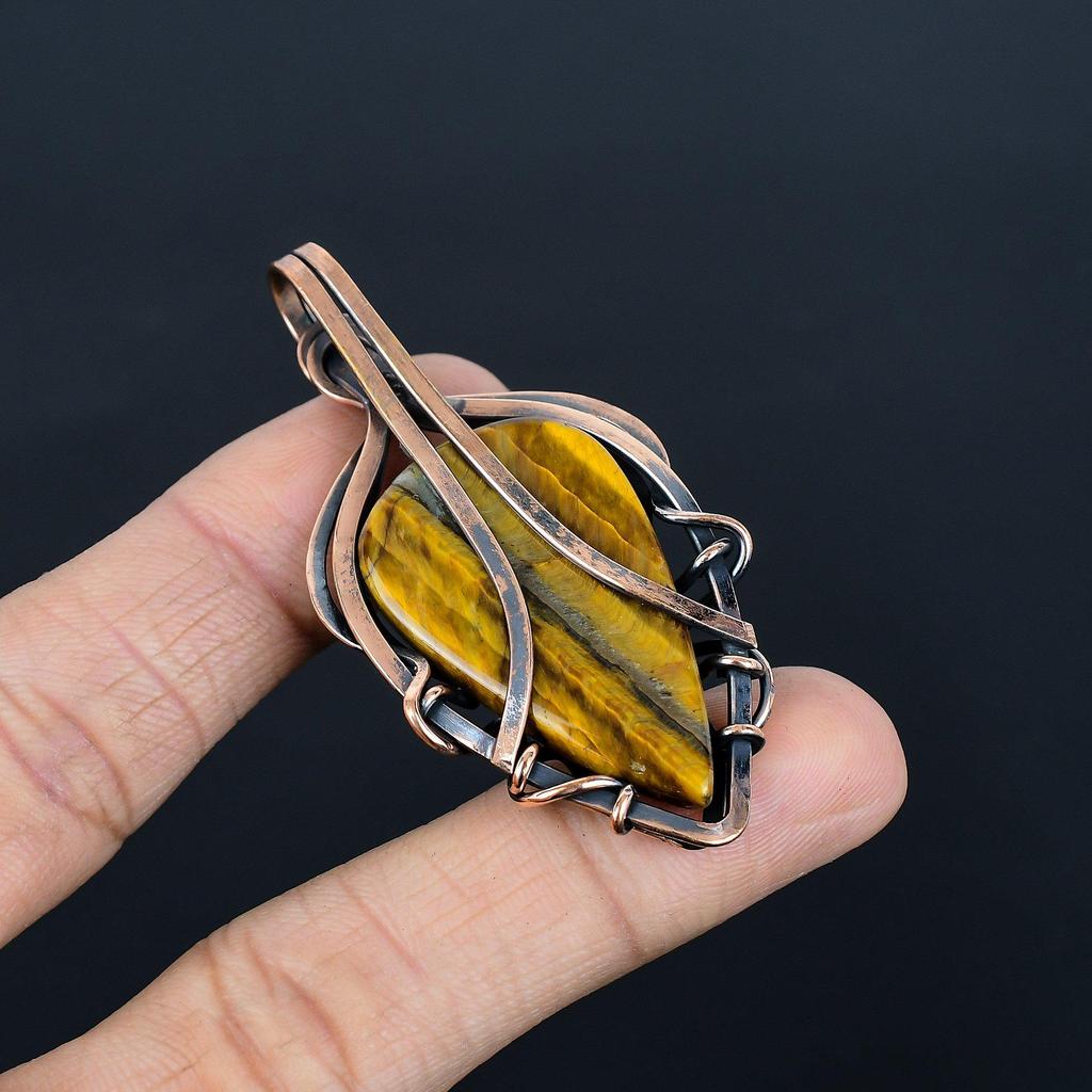 Кулон из Тигрового глаза, обернутый медной проволокой  999 пробы, Кулон из натурального камня ручной работы, Подарок для мамы, Антикварное украшение