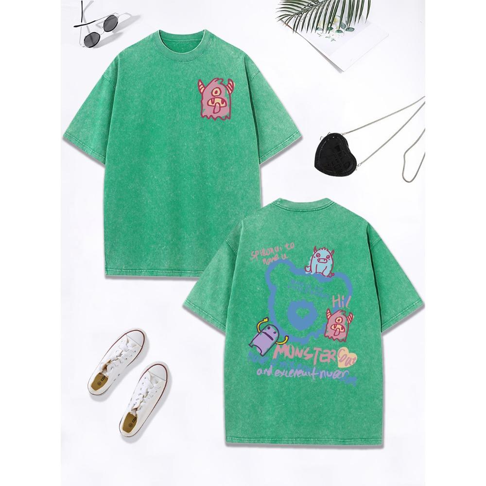Cute Silly Monster Graffiti Prints Washed T-Shirt Womens Cotton Oversized T Shirts O-Neck Comfortable Tops Womans Clothes
