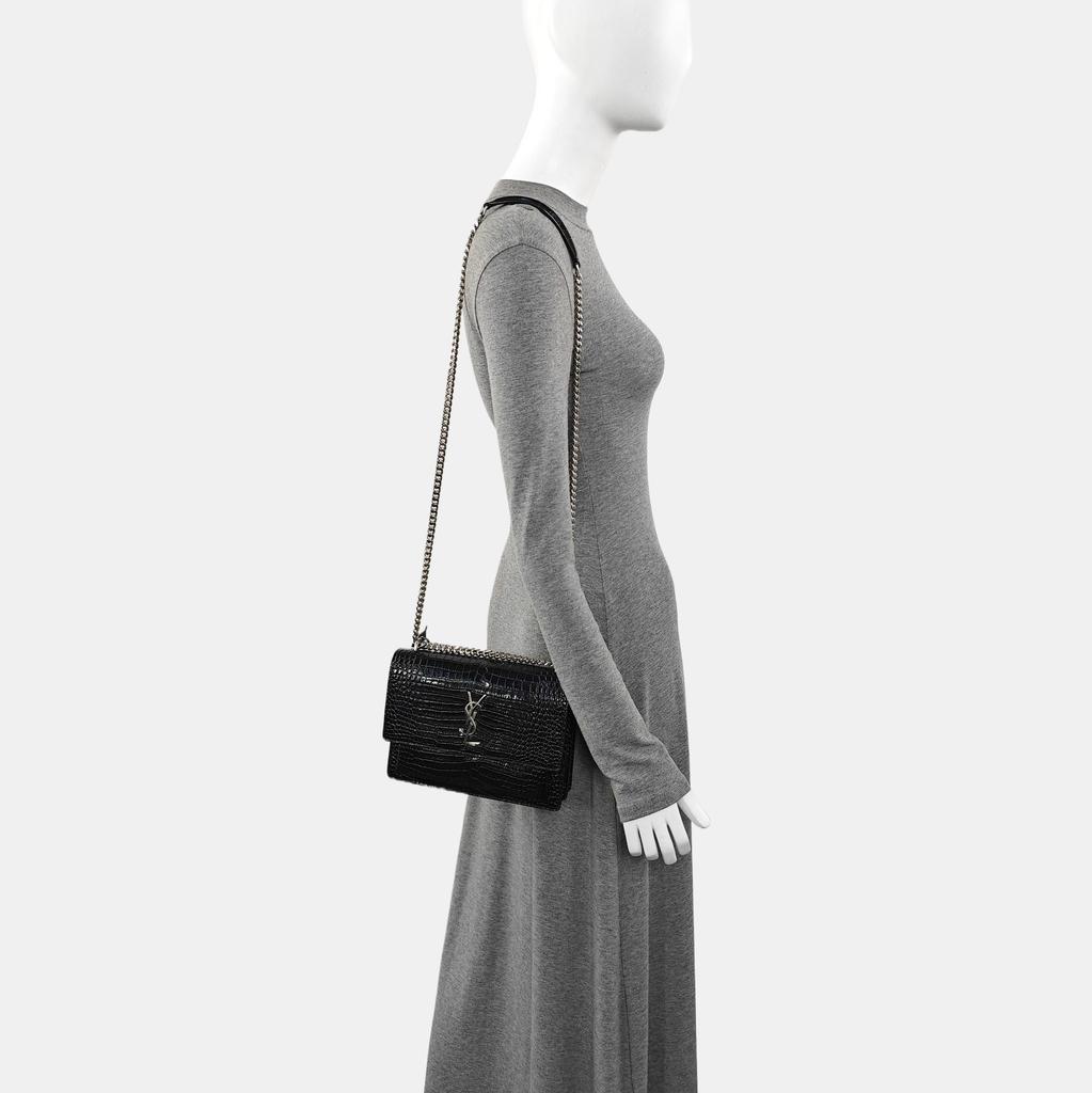 [Pre-Owned] Saint Laurent Sunset Croc Effect Shoulder Bag 'Black' - Very Good #UV8BQE
