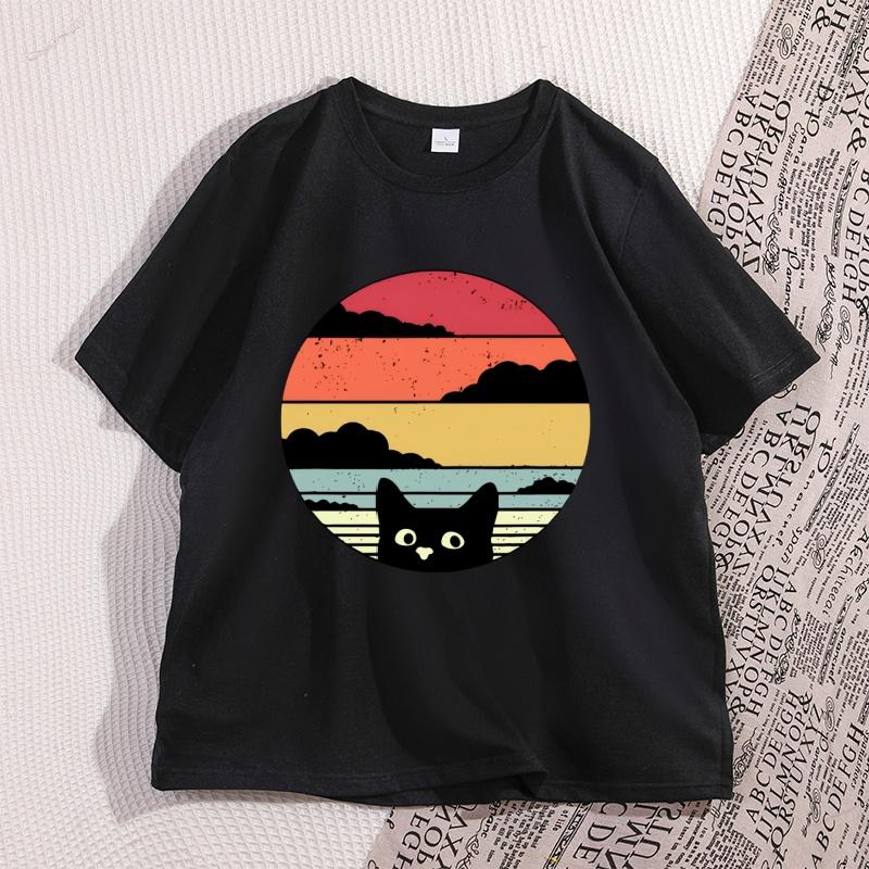 Black Cat Sunset T Shirt Vintage Graphic Unisex T Shirt Cool Streetwear Unisex Tshirts Casual High Quality Cotton Y2k Clothes