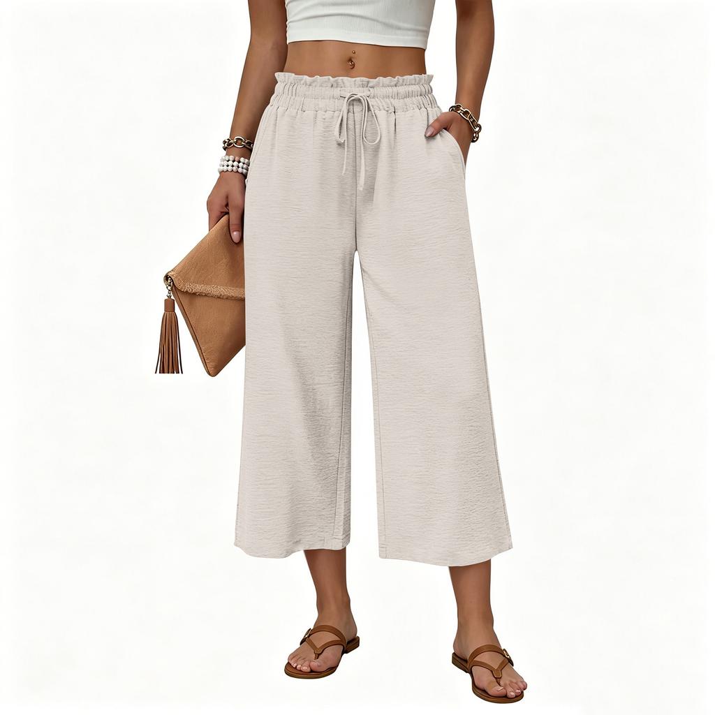 Women's Casual Loose-Fit High-Waisted Cotton-Linen Cropped Pants With Side Pockets