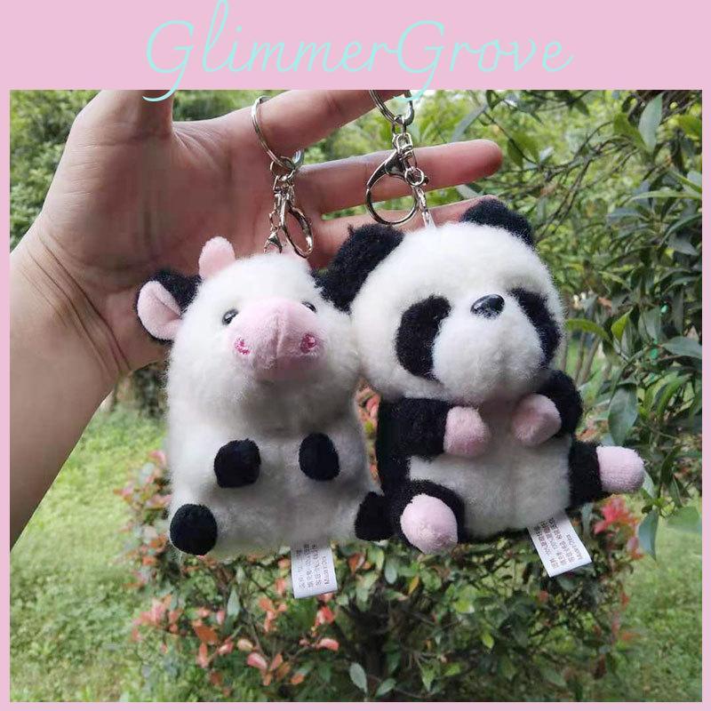 Cheerful Panda And Cow Plush Toy Keychain Cute Cuddly Animal Gift For Kids