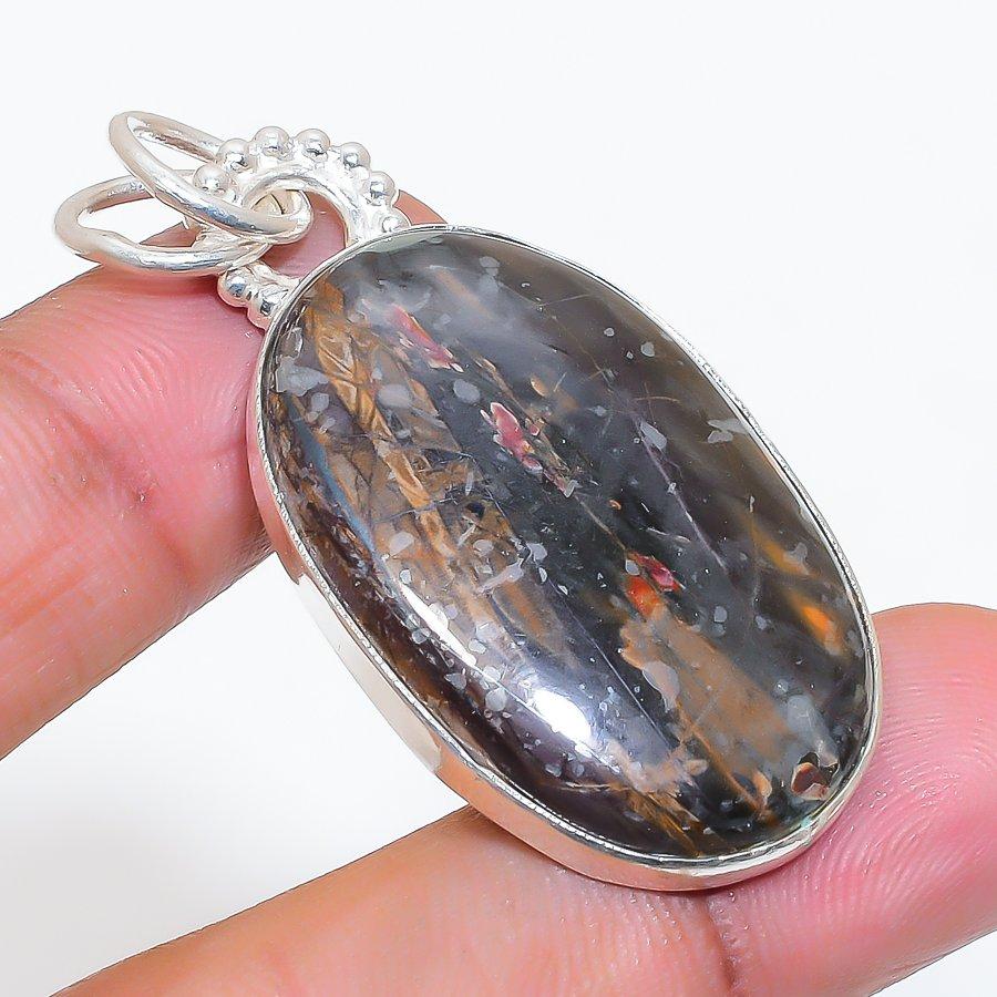 Natural Picasso Jasper Gemstone 925 Sterling Silver Jewelry Pendant 1.97" ZS-109