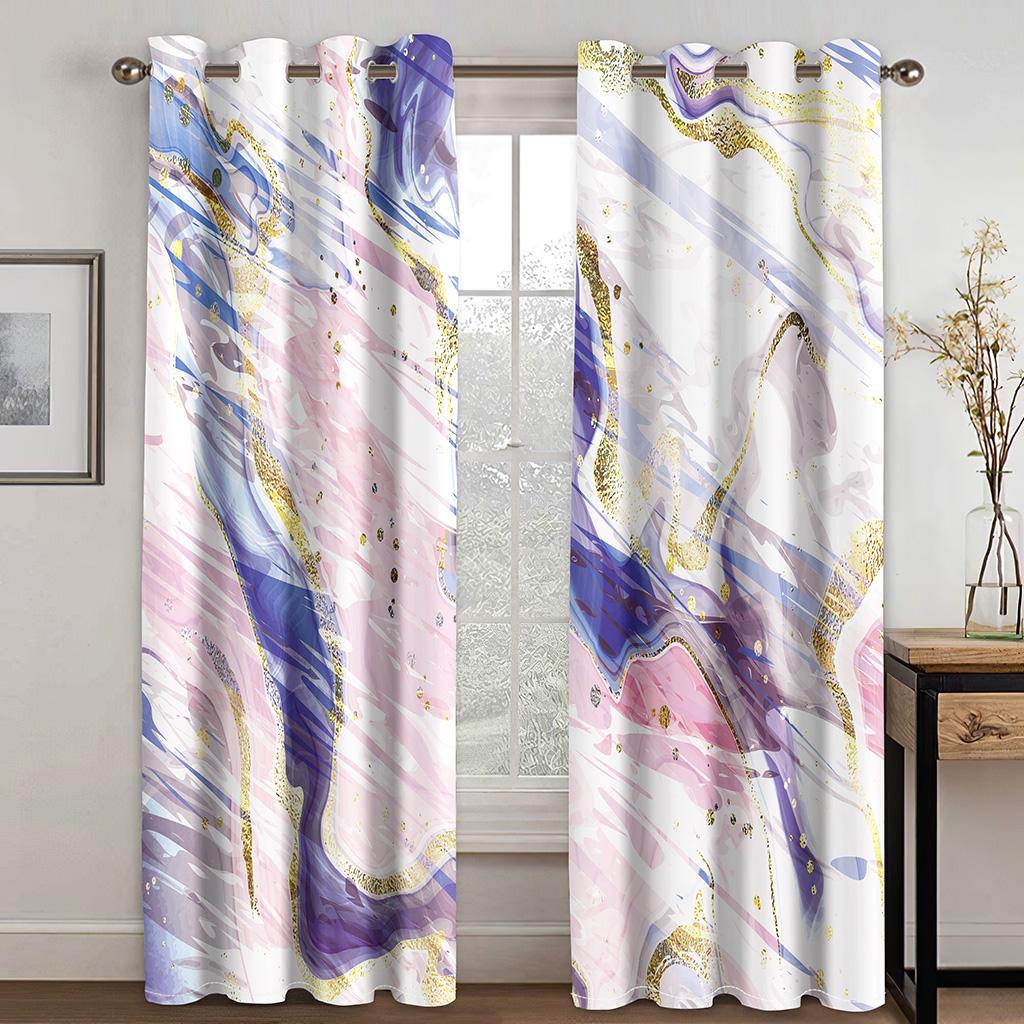 Modern Colorful Marble Abstract Art Crack Thin 2 Pieces Light Filtering Curtain for Living Room Bedroom Home Window Drape Decor