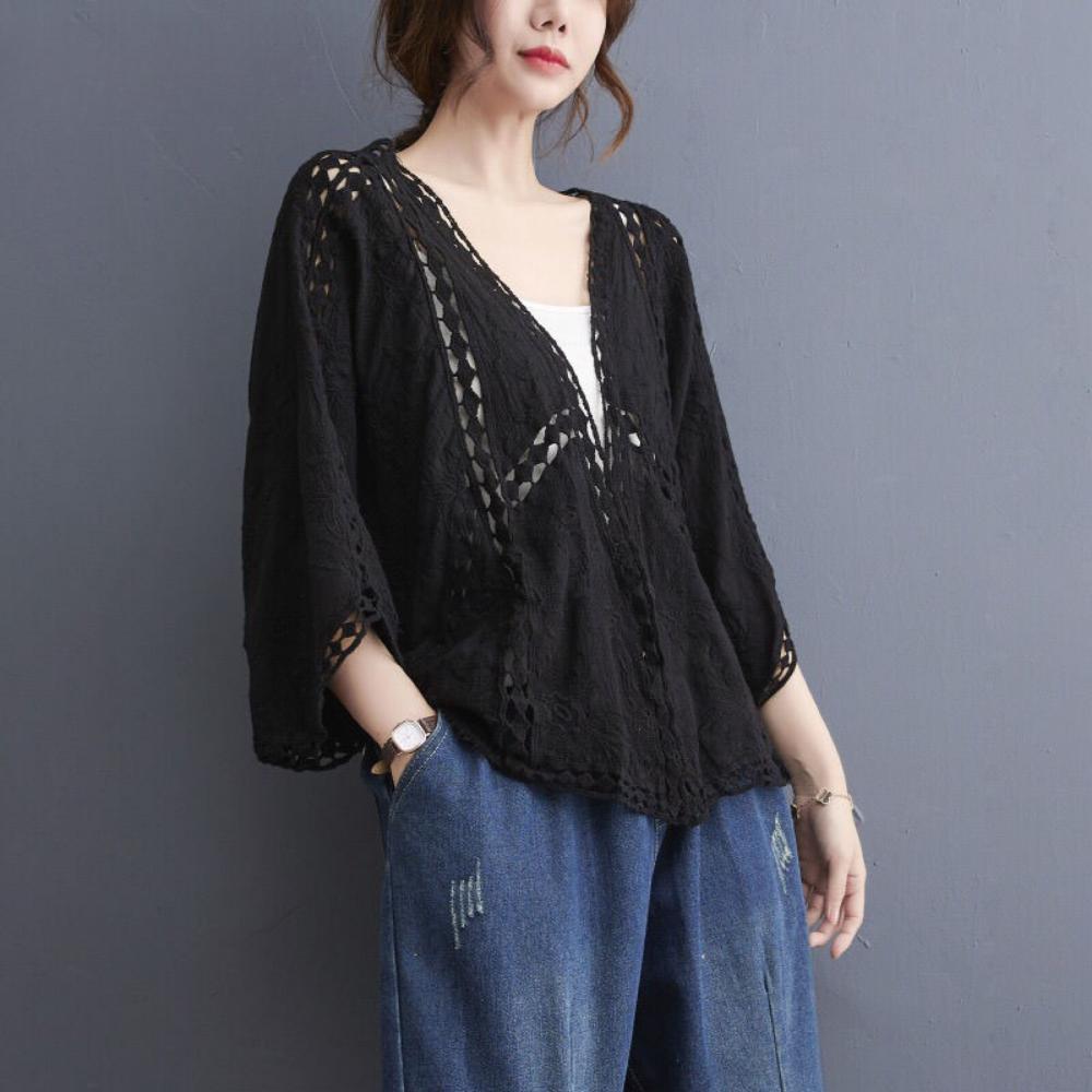 Loose Fit Cotton Embroidery Lace Cardigan Short Bat Sleeve Shawl 7 Split Sleeve Air Conditioner Sunscreen Cover Female Spring and Summer Clothes
