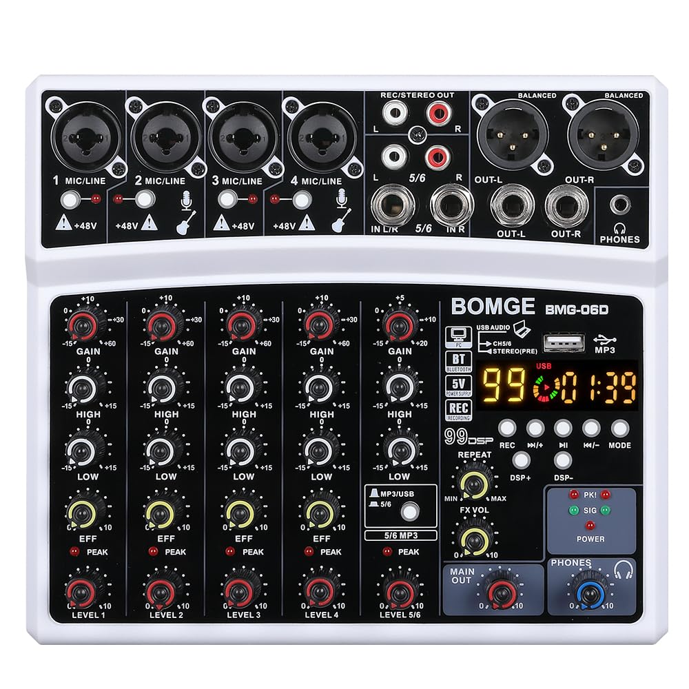 BOMGE 6-Channel DJ Audio Mixer MP3 USB Bluetooth 48V Phantom 99 DSP Effects Live
