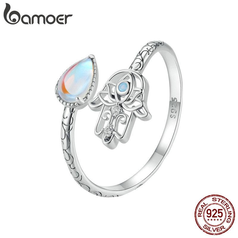 BAMOER, стерлинговое серебро 925 пробы, счастливая рука Фатимы, открывающееся кольцо, Радуга, лунный камень, слеза, штабелируемые кольца, вечерние ювелирные изделия, подарок