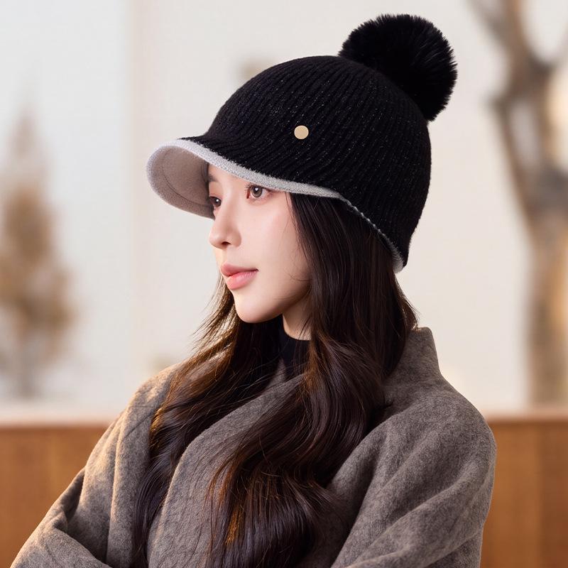Hairball knitted hat autumn and winter soft waxy warm wool hat showing face small cap simple solid color hat women's
