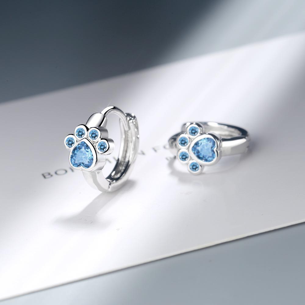 New Cute Cat Paw Shape Blue Zircon 925 Silver Hoop Earrings for Women Girls Party Accessory Jewelry Gift