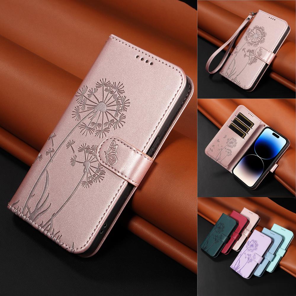 Leather Wallet Flip Case For OPPO A57S A77 A15 A15S A16 A16S A54S A17 A96 4G 5G Dandelion Embossed Design, Card Slots, Wrist Strap