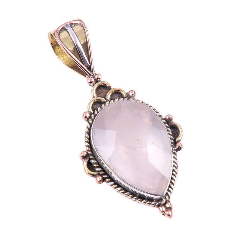 Natural Rose Quartz 925 Solid Sterling Silver Jewelry TwoTone Pendant 1.50" H9E23