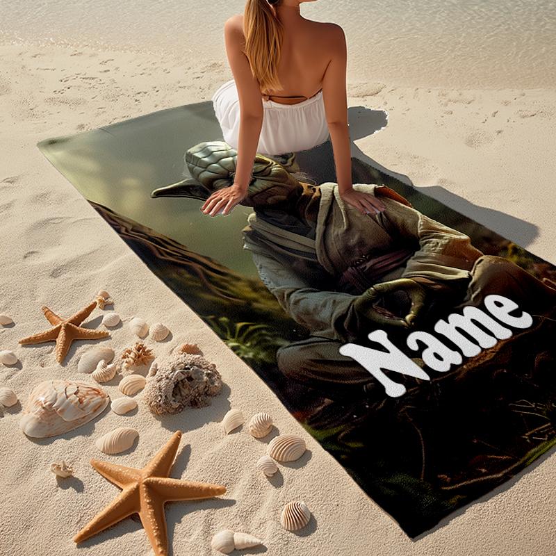 Custom Name Ultra-Soft Beach Towel with Yoda Theme,Ideal for Pool - Camping, Diving - Perfect Travel Essential, Vibrant Beach Towel.