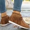 2024 Bohemian Style Tassel Ankle Boots Women's Retro Faux Suede Buckle Strap Booties Women's Plus Size Flat Heel Women's Shoes