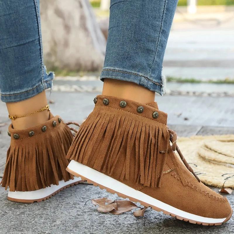 2024 Bohemian Style Tassel Ankle Boots Women's Retro Faux Suede Buckle Strap Booties Women's Plus Size Flat Heel Women's Shoes