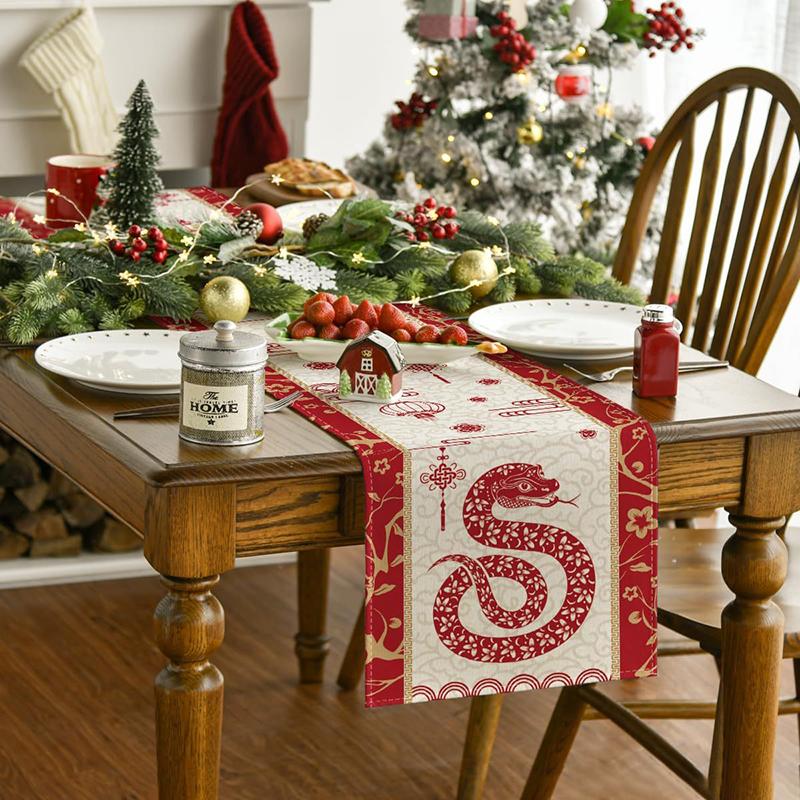 2025 Snake Year Table Runner Floral Snake Pattern Festival Party Decor Tablecloth Chinese Traditional New Year Table Covers