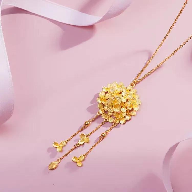 9999 Real Gold 24K Yellow Gold Hydrangea Tassel Necklace Fashion Antique Niche