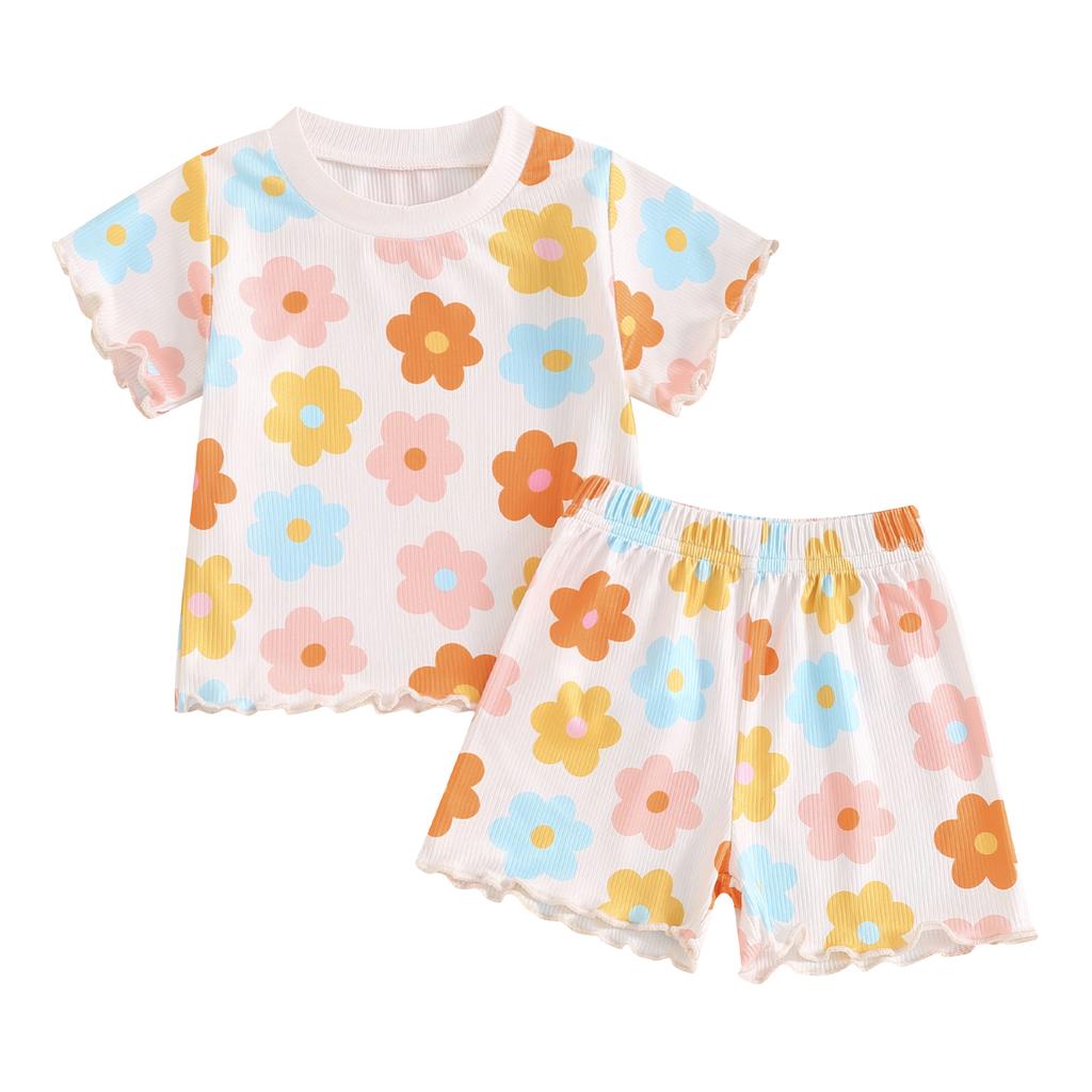 Baby Girl Summer Outfits Colorful Floral Print Short Sleeve Tops + Shorts Set Infant 2Pcs Clothes