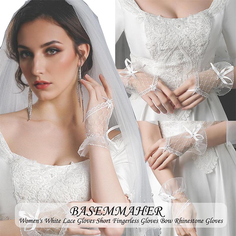 Женские короткие перчатки для вечерней вечеринки с бантом и лентой, однотонные, дизайн полуладони, модные аксессуары, кружевная сетка, для маскарада, 1 пара