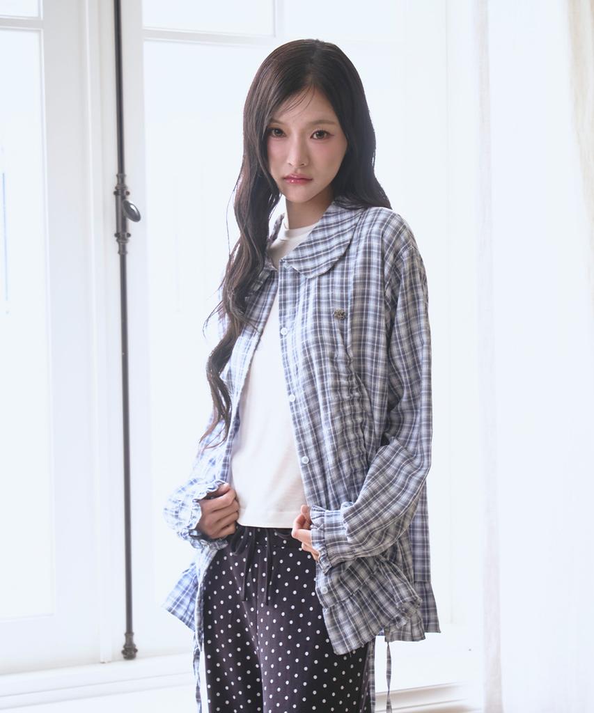 THE GREEN LAB Lovely Collar Check Frill Long Top [Blue]