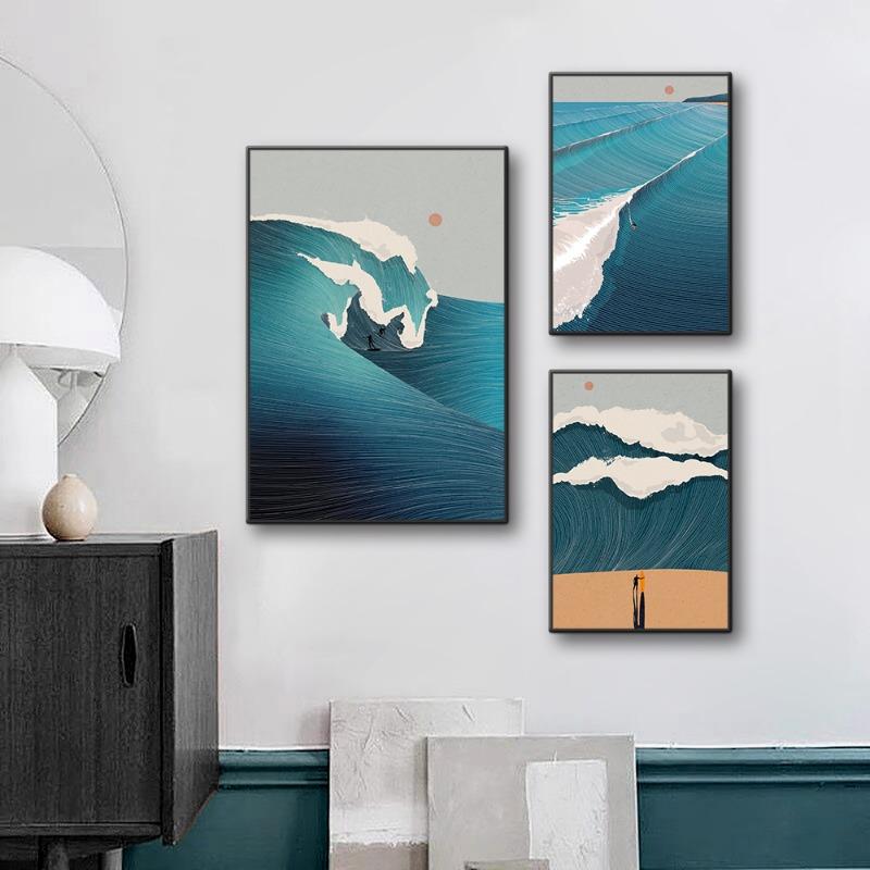 Waves Line Art Pictures Surfing Penguin Manta Dolphin Whale Prints Canvas Painting for Home Living Room Decoration