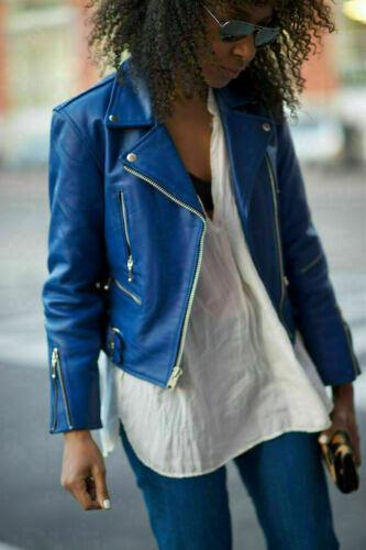 Genuine Lambskin Leather Stylish Long Sleeve Blue Biker Motorcycle Womens Jacket