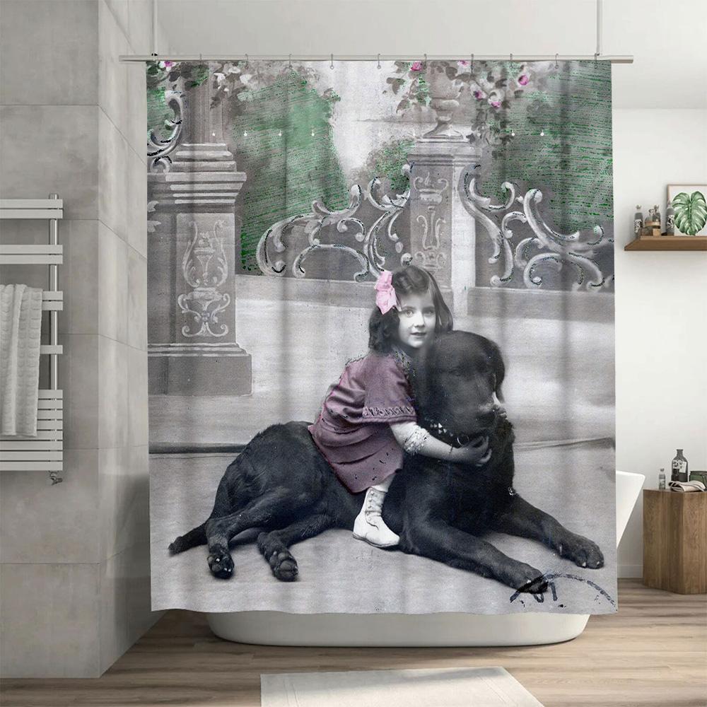 Abstract Cat Print Shower Curtain Blue White Polyester Fabric with Metal Hooks for Bathroom Decorations in Various Sizes