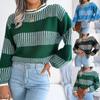 Women Knit Crew Neck Sweater Stripe Pullover Jumpers Loose Long Sleeves Sweatshirt Casual Knitwear Tops