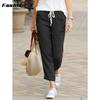 Модные женские брюки, хлопковые льняные брюки, свободные брюки большого размера на шнурке, женские черные нижние брюки 695