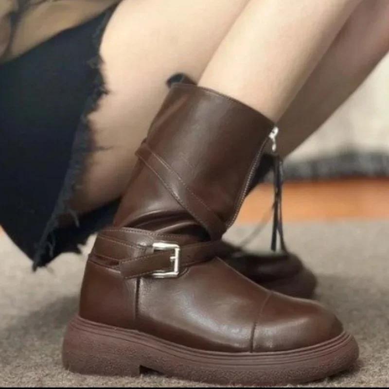 2024 Новые модные однотонные удобные высокие сапоги с пряжкой и декоративной молнией зимние теплые женские сапоги с круглым носком Zapatos