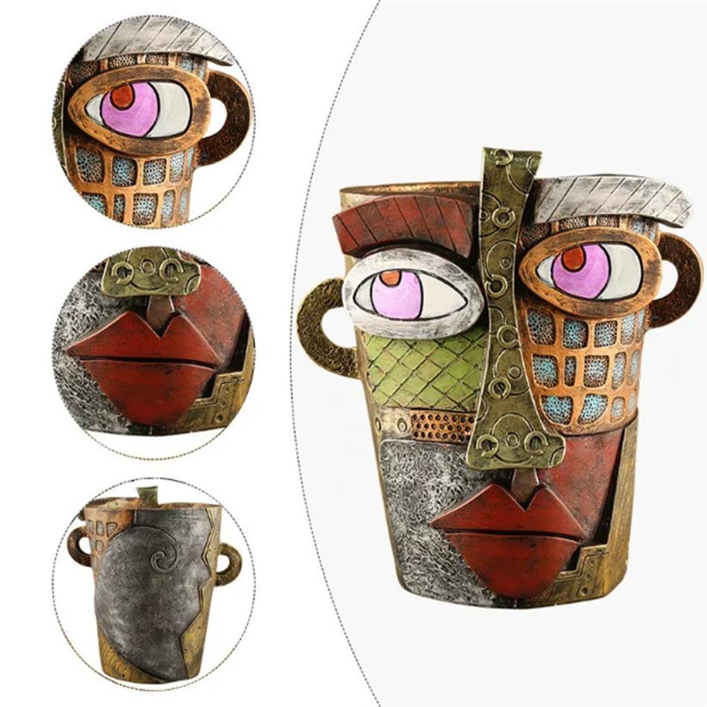 Ретро лицо, красочное абстрактное искусство, сочные цветочные горшки, смоляные украшения, старинные цветочные горшки, креативные украшения для растений в горшках