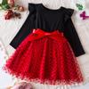 Girls Fashion Cute Long Sleeve Flying Sleeve Dot Mesh Princess Dresses Dresses