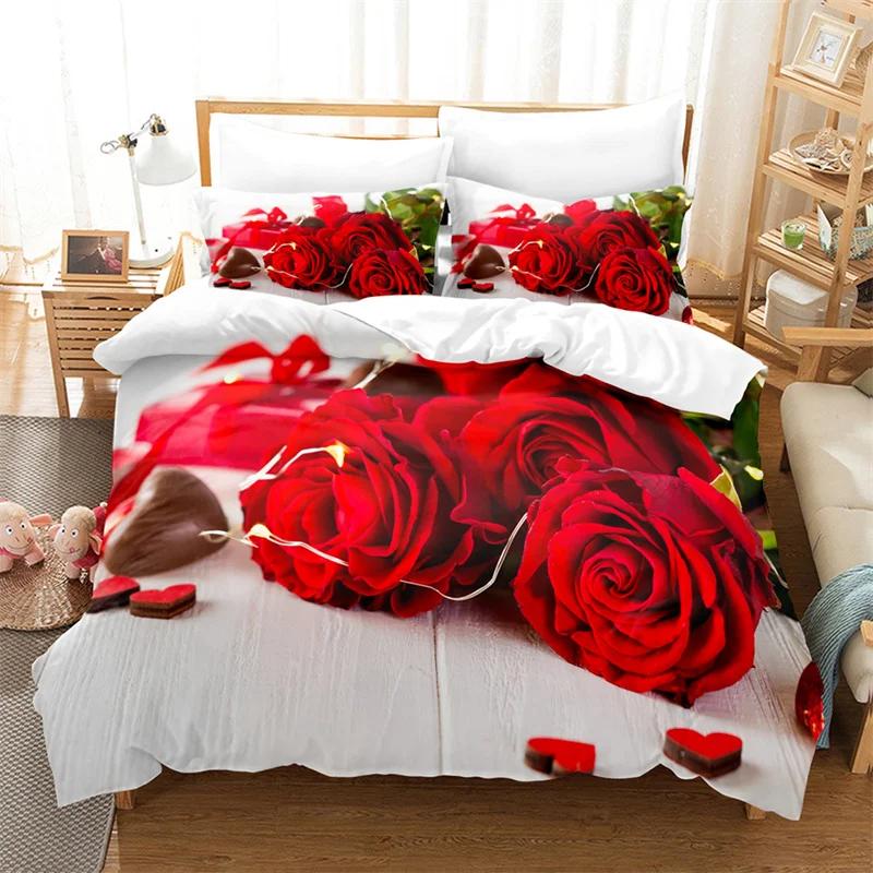 Comforter Rose Flower Bedding Set 4Pcs Pink Red 200X230 For Double Bed 3D Bedsheet 230X230 Full Size Thin Fabric