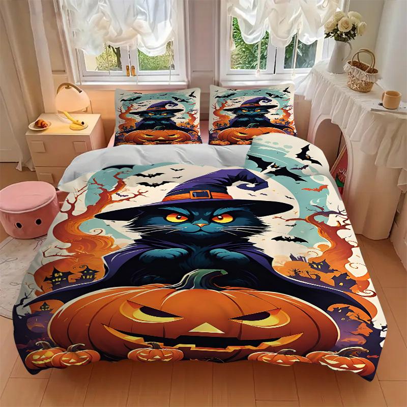 3pcs Halloween Cat Bedding Set, Includes 1 Comforter + 2 Pillowcases, Without Pillow Inserts, Soft Comfortable, Lightweight Breathable079