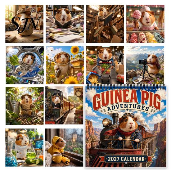 Personalized Gift for Pet Owners 2027 Guinea Pig Adventures Wall Calendar, Cute 12 Monthly Planner with Thick Paper Calendar Imaginative Scenes,