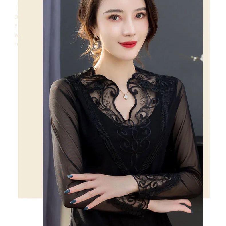 Mesh Bottoming Shirt Women's Spring Autumn New Black T-shirt Fashion Long Sleeved Top M-5XL
