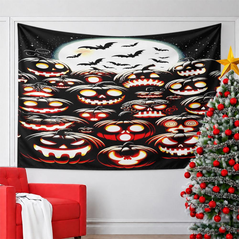 "Halloween Pumpkin Faces & Flying Bats" Pattern Wall Hanging Tapestry Decorative Tapestry Home Decor for Bedroom and Living Room